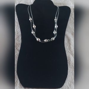 Handmade Silver Pearl & Metallic Gray Leather Necklace